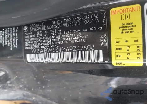 2006 BMW 330Ci из США, поврежденный, VIN WBABW534X6PZ42508